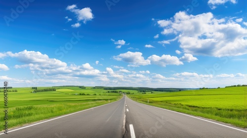 Vast prairie landscape with long highway green hills and blue sky in summer