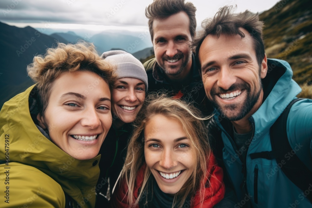 Group portrait of friends hiking in the mountains