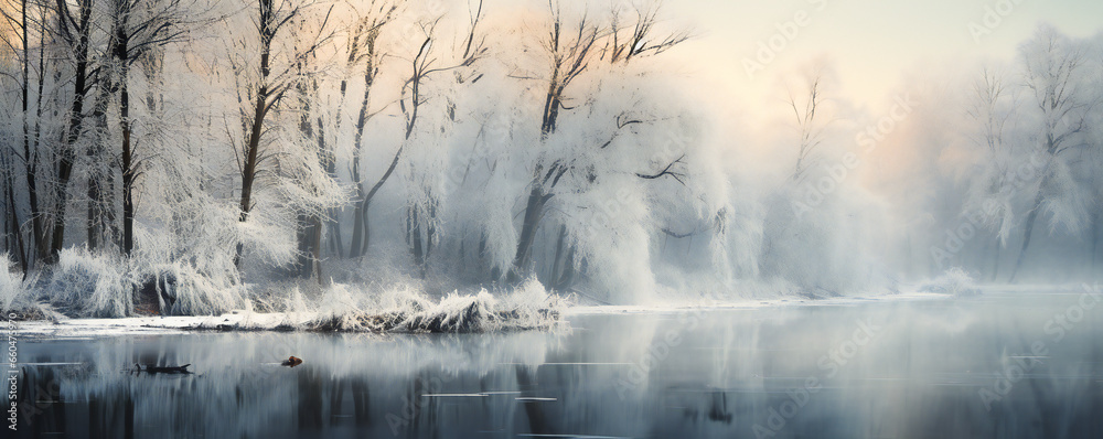 Frozen nature in winter, frozen lake and forest Frozen nature in winter, frozen lake and forest