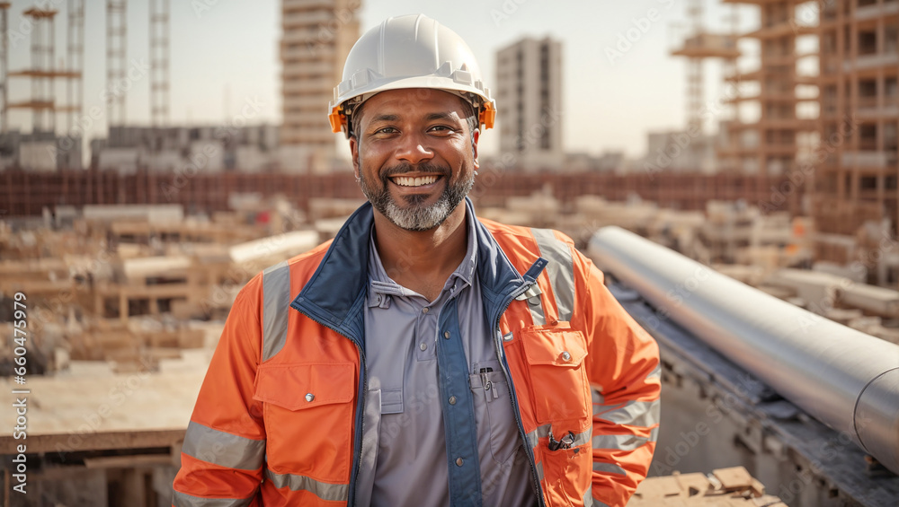 Portrait of a male builder in a hard hat on a construction site background Portrait of a male builder in a hard hat on a construction site background