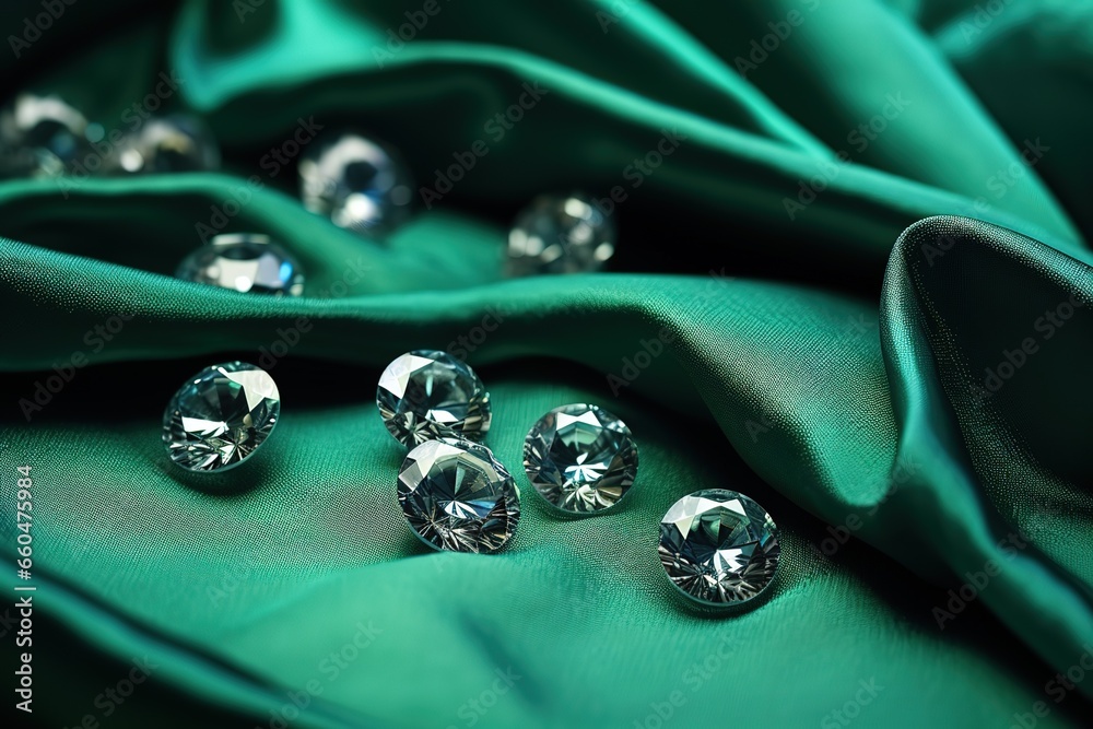 Loose Diamonds on Green Silk Background - obrazy, fototapety, plakaty 