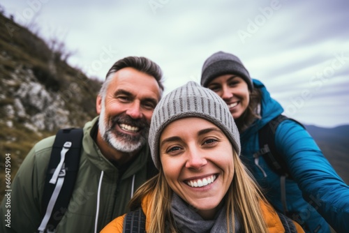 Group portrait of friends hiking in the mountains