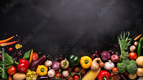 Organic food display Fresh veggies with black beans on chalkboard