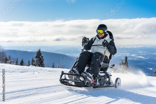 The concept of snowboarding outdoors - a person with disabilities