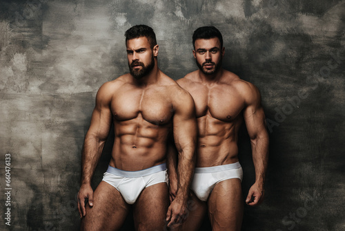 Two naked men standing near textured wall. Two fitness male models in white underwear posing in studio. Couple of muscled hunks looking at camera.