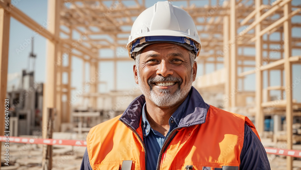 Portrait of a male builder in a hard hat on a construction site background Portrait of a male builder in a hard hat on a construction site background