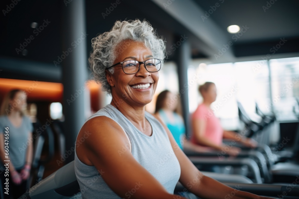 Portrait of a smiling senior woman in a indoor gym