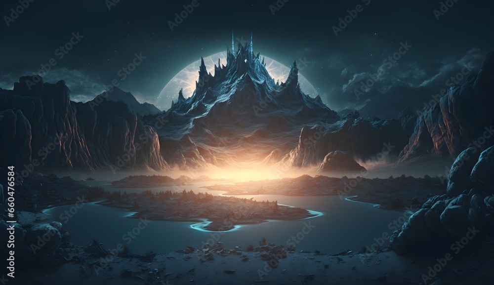 realistic mystical alien landscape trending at Art Station extraterrestrial space universe cosmos magic light dusk intricate detailed cinema 4d bioluminescense quality 2 8k epic alien movie style  - obrazy, fototapety, plakaty 