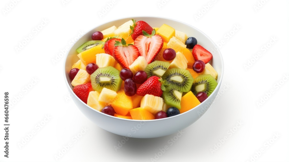 Top view of fruit salad in a bowl on a white background