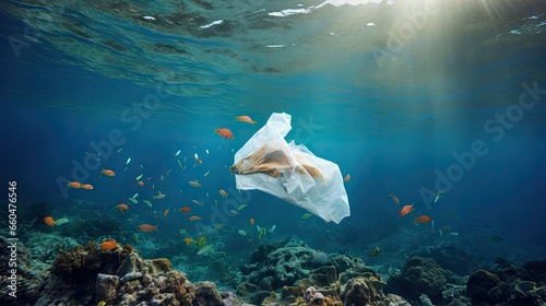 Plastic bag near coral reef polluting ocean