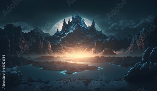 realistic mystical alien landscape trending at Art Station extraterrestrial space universe cosmos magic light dusk intricate detailed cinema 4d bioluminescense quality 2 8k epic alien movie style  photo