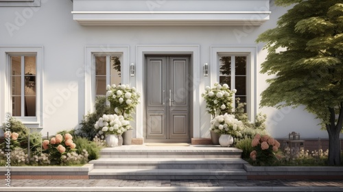 Modern house exterior with gray door and potted flowers © vxnaghiyev