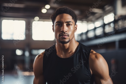 Portrait of a young fit and athletic man in a indoor basketball gym