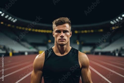 Portrait of a young fit and athletic man on running tracks in a stadium