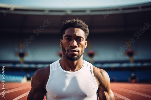 Portrait of a young fit and athletic man on running tracks in a stadium