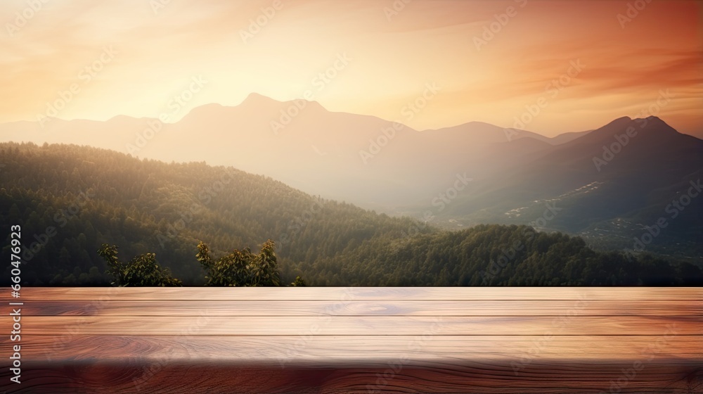 Wooden table with warm hues blending into mountain scenery - obrazy, fototapety, plakaty 