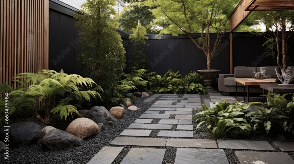 Textured and contrasting elements like pebbles flagstone and pavers along with minimalist plantings create a small contemporary Asian urban garden - obrazy, fototapety, plakaty 