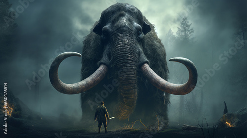 Caveman hunting woolly mammoth. ai generative