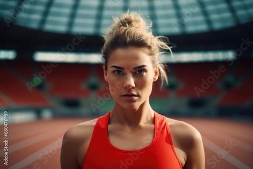 Portrait of a young fit and athletic woman on running tracks in a stadium