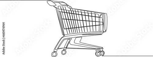 continuous single line drawing of shopping cart, grocery shopping line art vector illustration