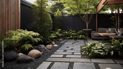 Textured and contrasting elements like pebbles flagstone and pavers along with minimalist plantings create a small contemporary Asian urban garden © vxnaghiyev
