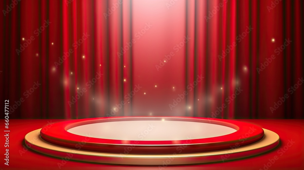 Realistic illustration of a white podium with red carpet curtains and spotlights representing a red carpet event concept Realistic illustration of a white podium with red carpet curtains and spotlights representing a red carpet event concept
