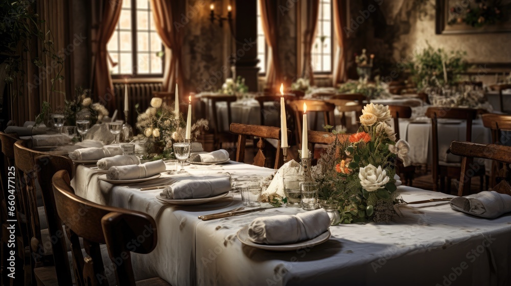 White clothed banquet tables in the old house hall display floral arrangements candles plates glasses and cutlery