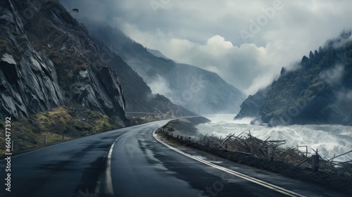 Fototapeta Naklejka Na Ścianę i Meble -  Mountain road descending quickly at high speed