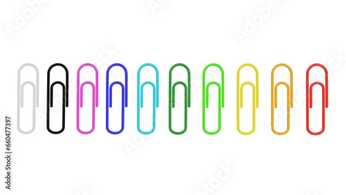 Set of colorful paper clips isolated on transparent and white background. Office concept. 3D render