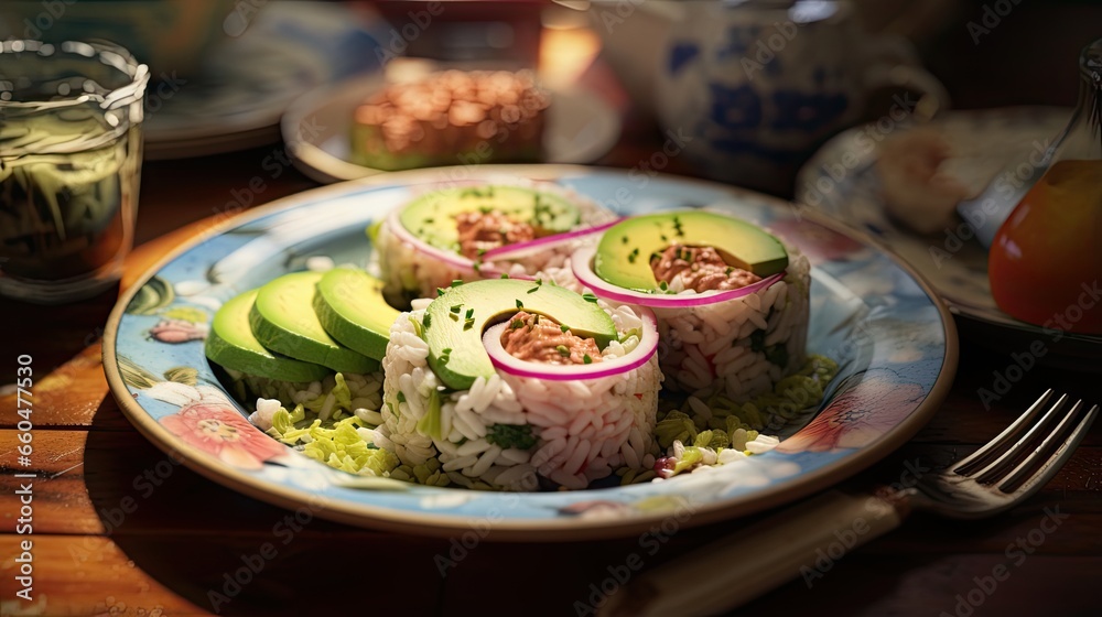 Nourishing snack rice cake with avocado tuna salad red onion