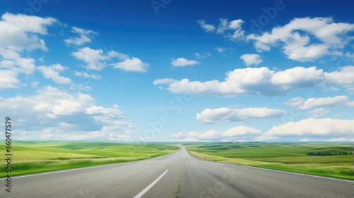 Vast prairie landscape with long highway green hills and blue sky in summer © vxnaghiyev