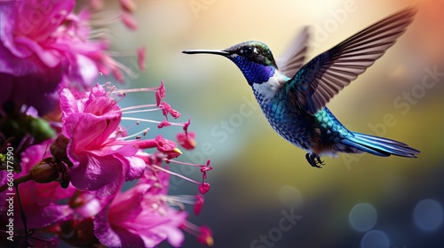 Vibrant blue bird flying alongside a pink flower in Costa Rica representing a wildlife scene in South America photo