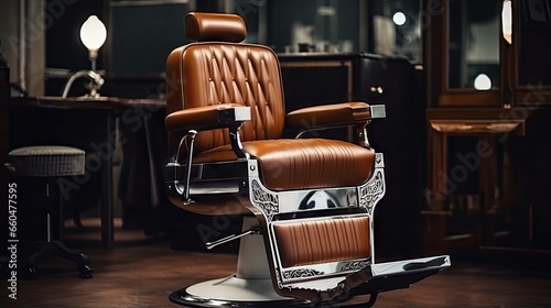 Vintage barber chair in a barbershop with a professional hairstylist for men only
