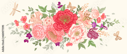 Flower Garland, butterflies and dragonfly. Wedding Floral Decoration. Vector illustration.