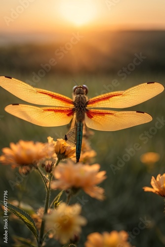 A beautiful dragonfly sits on a flower in the rays of the sun at sunset. Macro vertical photo, spring and summer background, Nature, natural habitat