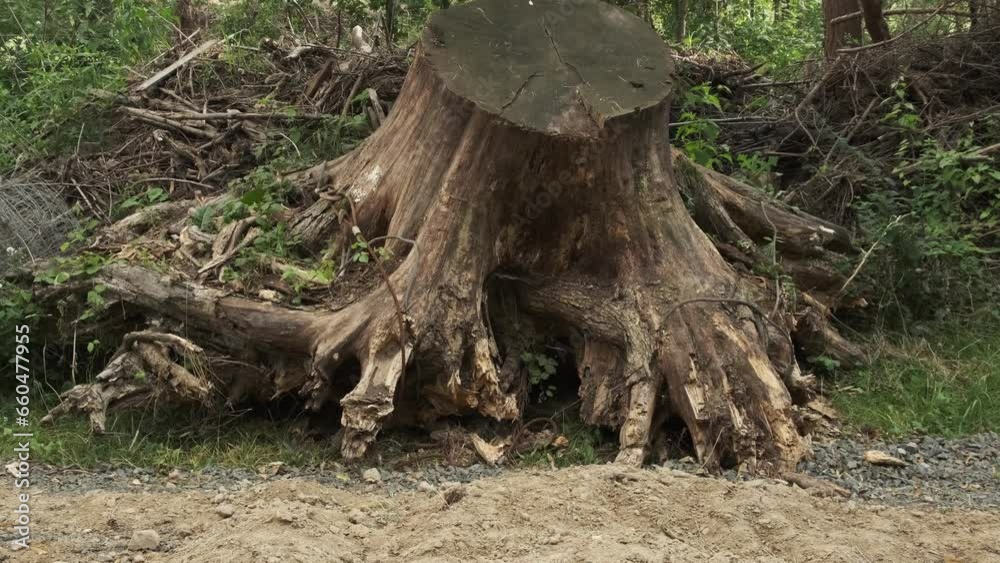 Large Root. Tree were removed from the wild forest. Uprooting a large stump tree, removed from ground, close up Large Root. Tree were removed from the wild forest. Uprooting a large stump tree, removed from ground, close up