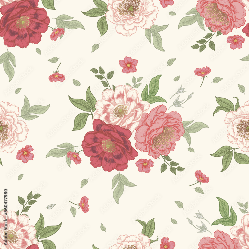 Seamless Floral Pattern. Delicate Blooming Flowers on White Background. Vector. Vintage.