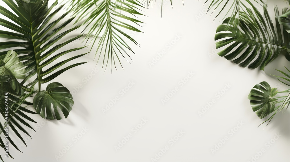 Nature concept with 3D rendered beautiful tropical palm leaves casting shadows on a white wall Background empty backdrop natural summer beach with sunlight eco friendly tropicana vibes outdoor