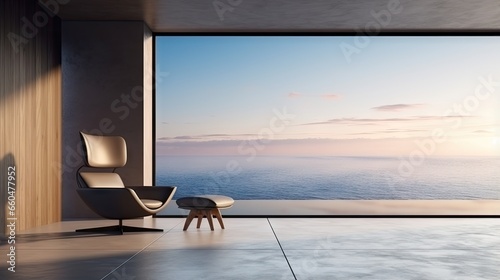 Minimal 3D rendering of a modern house or luxury hotel with a view of the sky and sea
