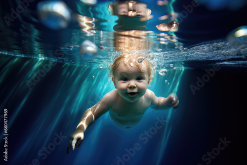 Cute little baby swimming under water. Baby swimming classes