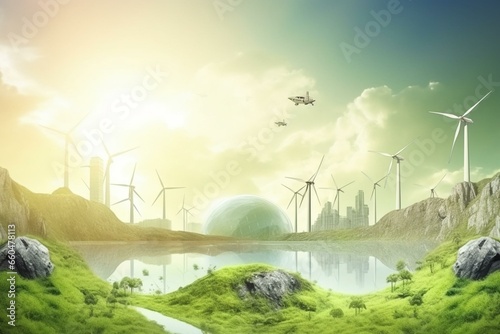 Environmentally-friendly planet with windmills and solar plants. Generative AI