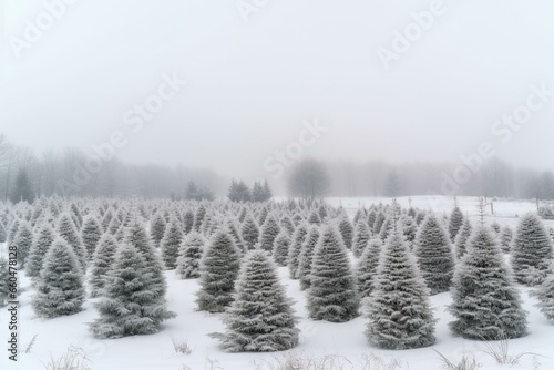 Christmas tree farm covered in snow, featuring trees of different sizes. Generative AI