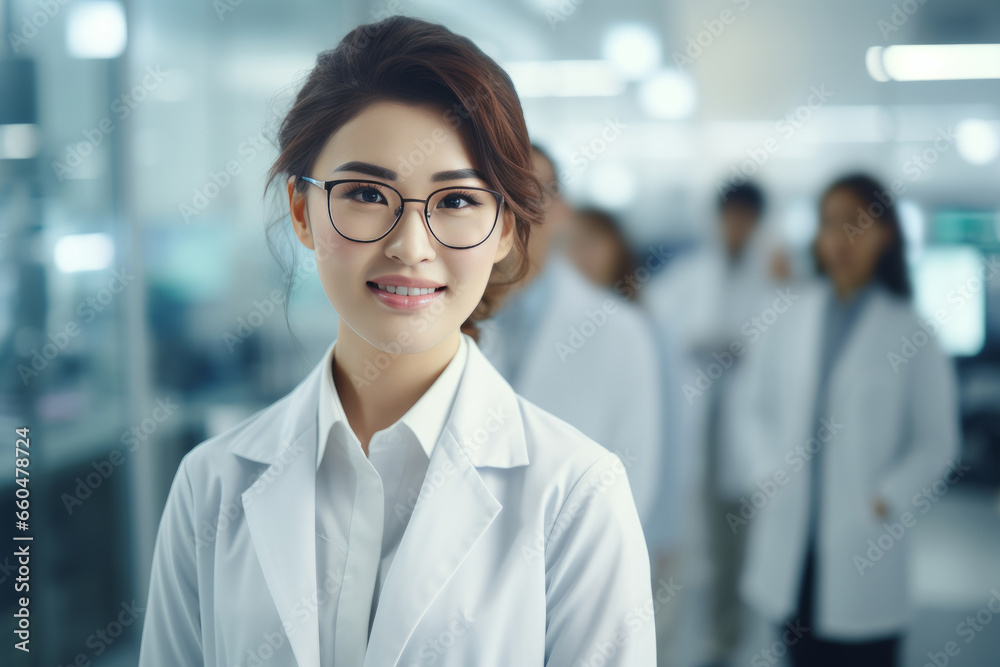 A beautiful Asian female scientist stands in a white coat and glasses in a modern medical science laboratory with a team of experts in the background.