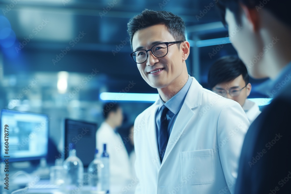 A beautiful Asian male scientist stands in a white coat and glasses in a modern medical science laboratory with a team of experts in the background. A beautiful Asian male scientist stands in a white coat and glasses in a modern medical science laboratory with a team of experts in the background.