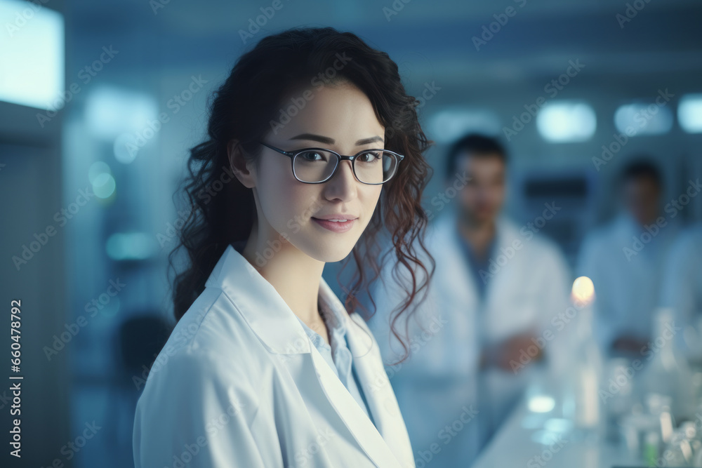 Obraz premium A beautiful Asian female scientist stands in a white coat and glasses in a modern medical science laboratory with a team of experts in the background.