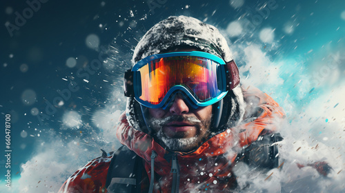 snowboarder or skier while skiing on snowy mountains. extreme winter holiday.close-up. ai generative