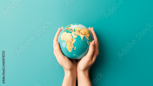 Earth globe in woman s hands on a blue background. ai generative