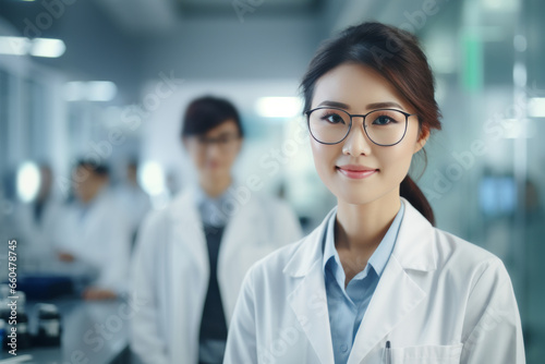 A beautiful Asian female scientist stands in a white coat and glasses in a modern medical science laboratory with a team of experts in the background.