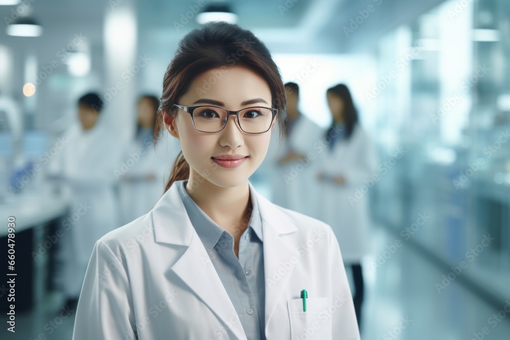 A beautiful Asian female scientist stands in a white coat and glasses in a modern medical science laboratory with a team of experts in the background. A beautiful Asian female scientist stands in a white coat and glasses in a modern medical science laboratory with a team of experts in the background.