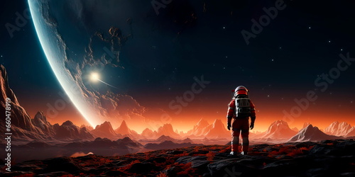 astronaut on a Martian expedition, looking back at Earth from the red planet's surface, with stars above.